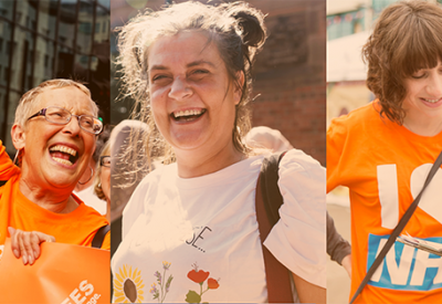 Three people in 38 Degrees T shirts smile and celbrate