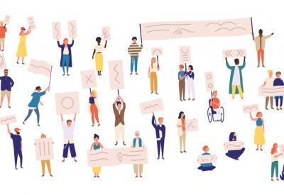 A cartoon showing a number of campaigners.