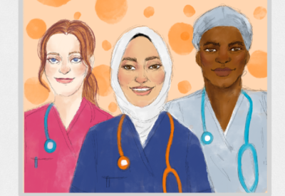 Illustration of three NHS staff members in uniform
