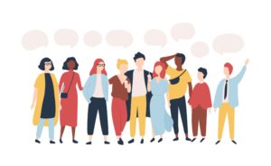 Cartoon of diverse group of people having a discussion.