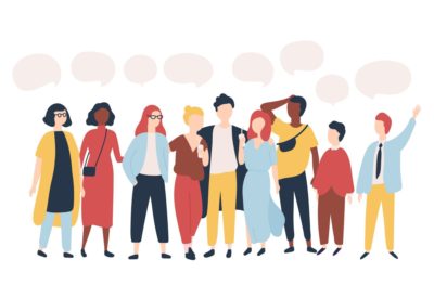 Cartoon of diverse group of people having a discussion.