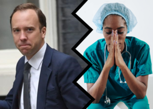 Matt Hancock is on the left of the image, with an exhausted seeming nurse on the right.