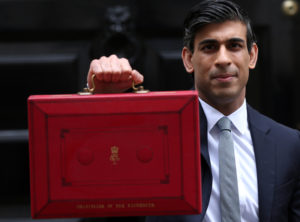 Image shows Rishi Sunak holding up the red box