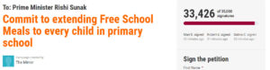 A screen shot showing a petition urging the Prime Minister to extend free school meals to every primary school child, signed by 33,029 people