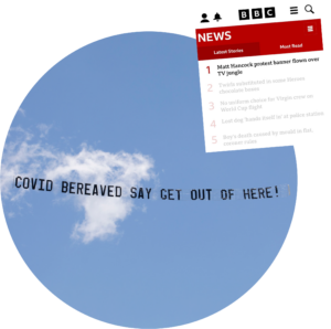 Banner Reading to Matt Hancock Reading: Covid Bereaved Say Get Out Of Here