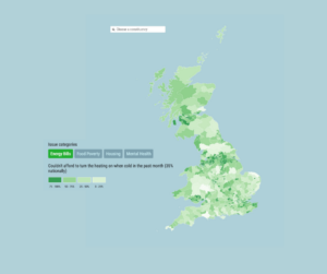 Map of UK highlighted in shades of green to illustrate cost of living impact, including food poverty, mental health, housing, and energy bills