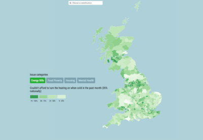 Map of UK highlighted in shades of green to illustrate cost of living impact, including food poverty, mental health, housing, and energy bills