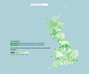 Cost of living map of the UK with shades of green to show energy bills, food poverty, housing, mental health.