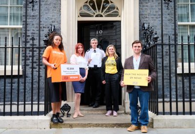 Louise Haigh MP hands in her petition to Downing St with campaigner Zelda Perkins and Can