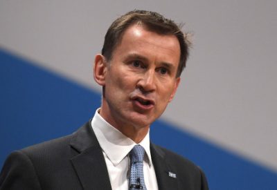 Britain’s Health Secretary Hunt delivers his keynote address at the annual Conservative Party Conference in Birmingham, Britain