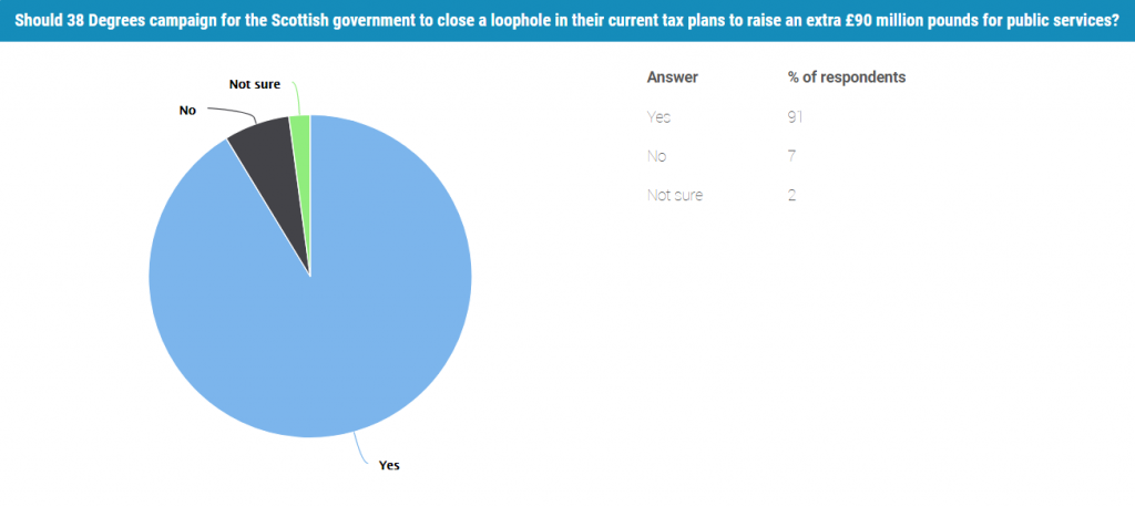 Pie chart showing that 91% of  survey takers voted to campaign for this loophole to be closed.