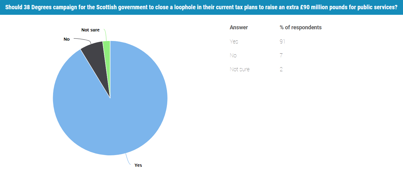 Pie chart showing that 91% of survey takers voted to campaign for this loophole to be closed.