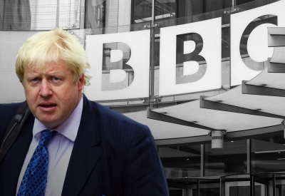 Image shows Boris Johnson outside of a BBC building.