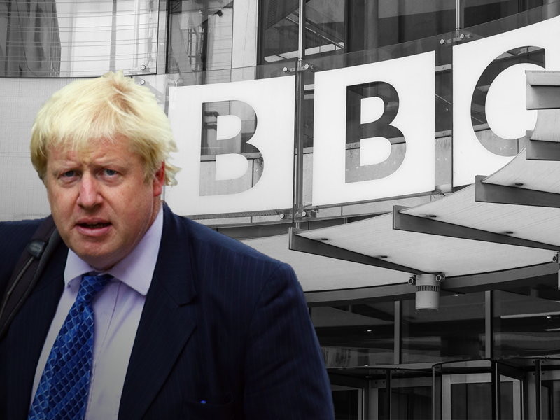 Image shows Boris Johnson outside of a BBC building.