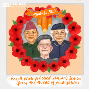 Three veterans within a circle of poppys illustration