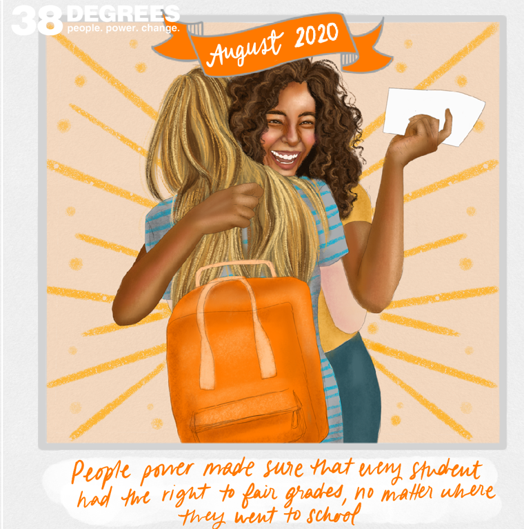 Illustration of two girls hugging and celebrating on exam results day