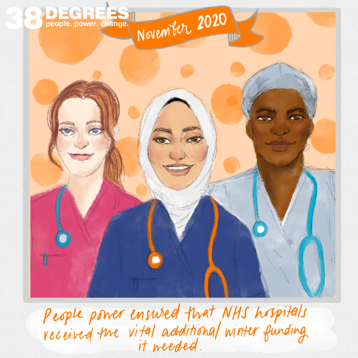 Illustration of three NHS staff members in uniform