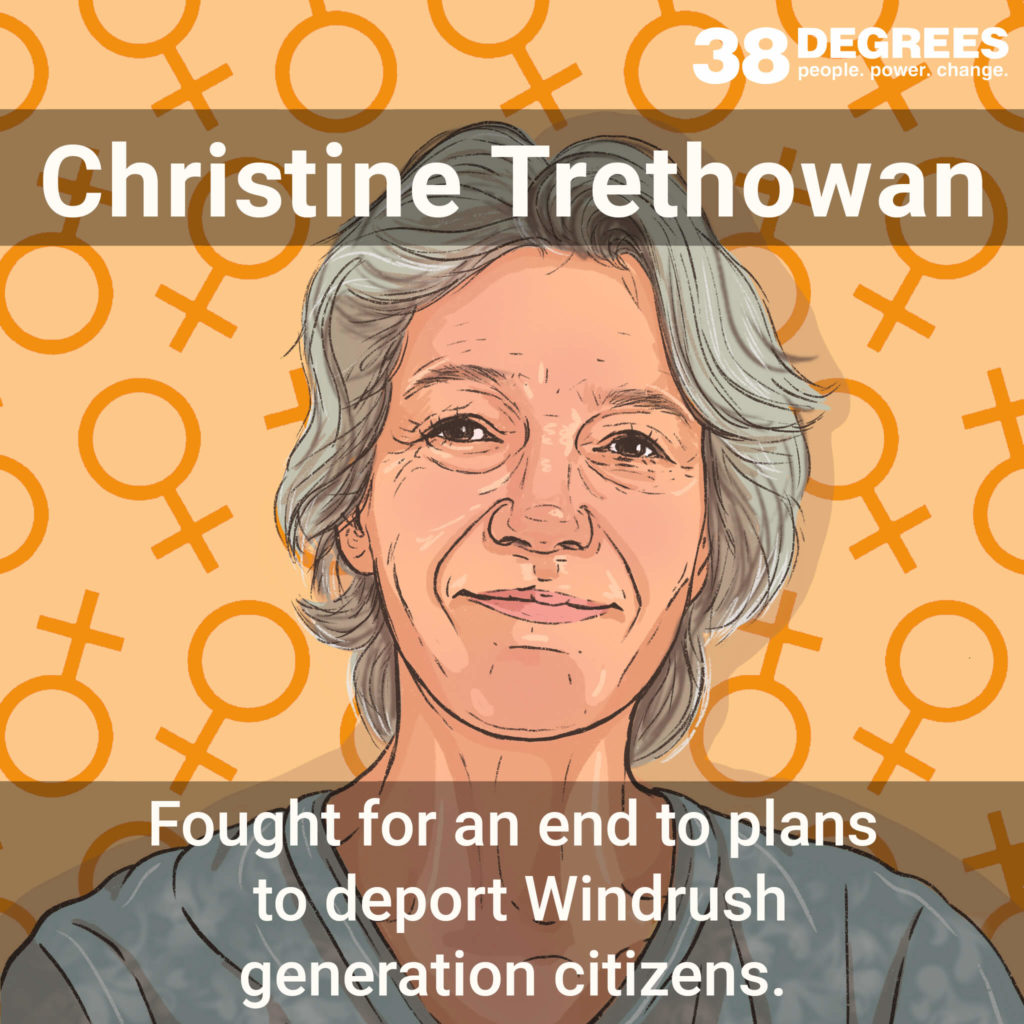 Image shows Christine Trethowan. Text on the image says "fought for an end to plans to deport Windrush generation citizens".