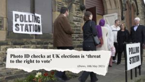 Image shows voters outside a polling station. Text on the image says "Photo ID checks at UK Elections is 'threat to right to vote'".