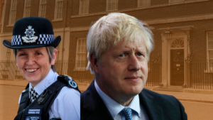 Image shows a photo of Cressida Dick and a photo of Boris Johnson overlaid on a background showing Number 10 Downing Street.