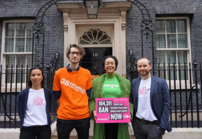 A group of campaigns from City to Sea, 38 Degrees, and Greenpeace, standing outside 10 Downing Street with a petition.