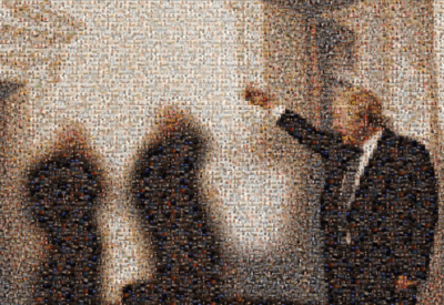 An image of Boris Johnson raising a glass in the air at an event inside 10 Downing St during lockdown. The image is a collage of faces of members of the public, who shared pictures of what they were doing at the same time while they followed the rules during lockdown