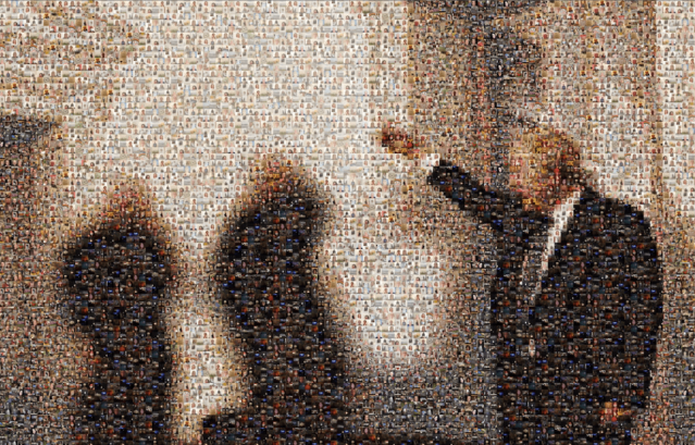 An image of Boris Johnson raising a glass in the air at an event inside 10 Downing St during lockdown. The image is a collage of faces of members of the public, who shared pictures of what they were doing at the same time while they followed the rules during lockdown