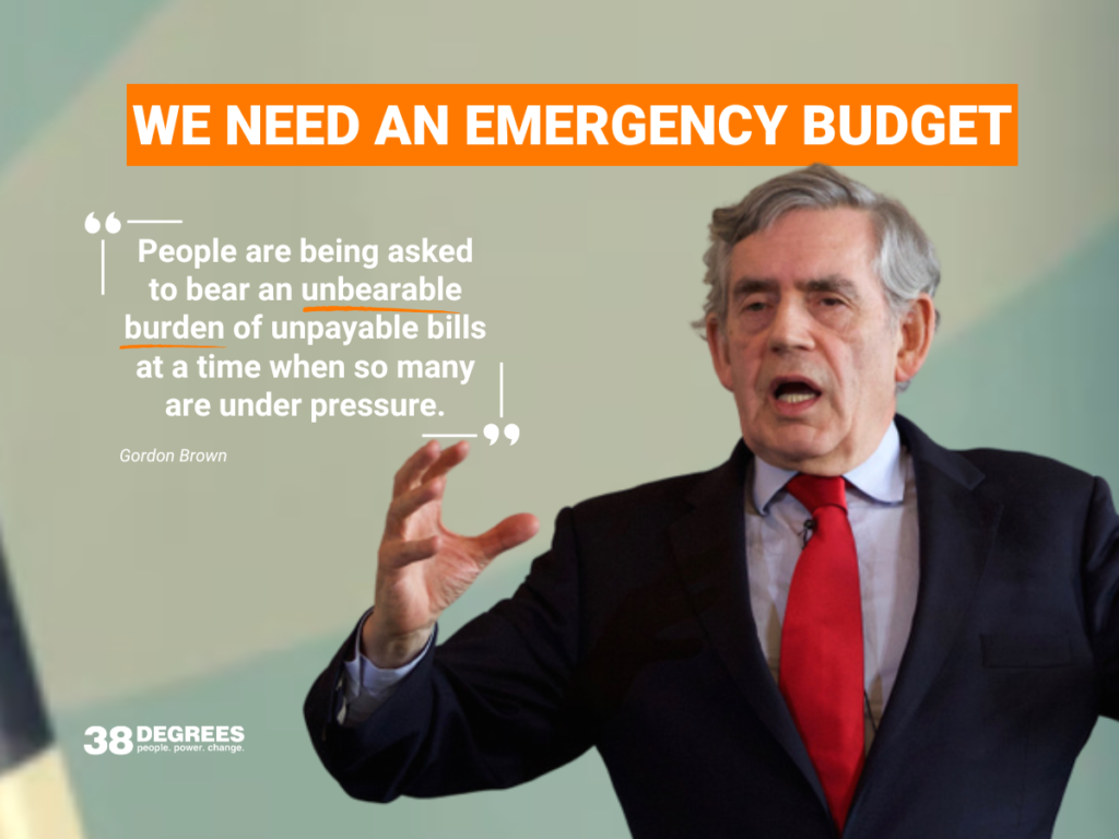 An image of Gordon Brown, a white man with grey hair in a black suit, next to a quote 'People are being asked to bear an unbearable burden of unplayable bills at a time when so many are under pressure.'