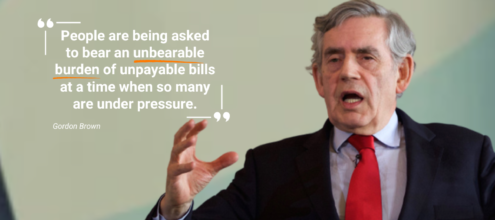 An image of Gordon Brown, a white man with grey hair in a black suit, next to a quote 