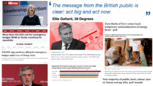 A collage of news headlines about the huge number of people calling for an emergency budget via 38 Degrees, and polling which shows that two thirds of Tory voters back nationalising energy firms. A quote at the top from Ellie Gellard at 38 Degrees reads, "The message from the British public is clear: act big and act now."