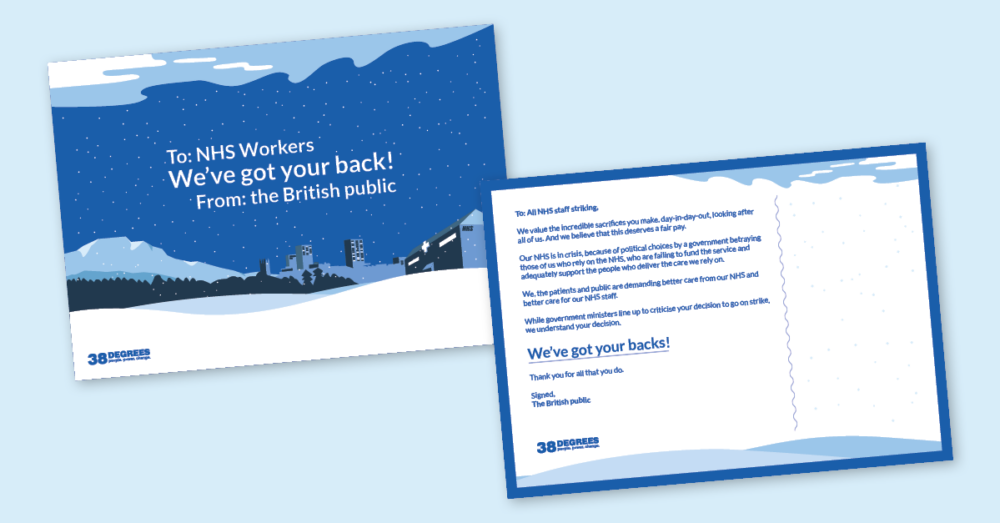 An image of a blue postcard with the image of a hospital surrounded by snow and the message: "To NHS workers, we