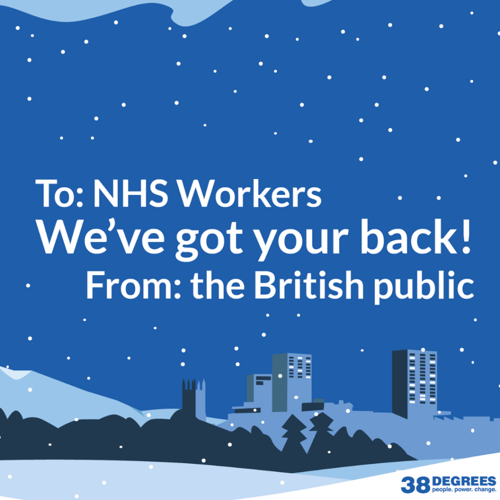 An image of a blue postcard with the image of a hospital surrounded by snow and the message: "To NHS workers, we've got your back, from the British Public"