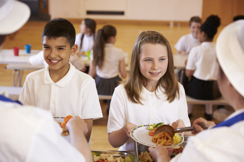 Two children in school uniform are given their school lunch