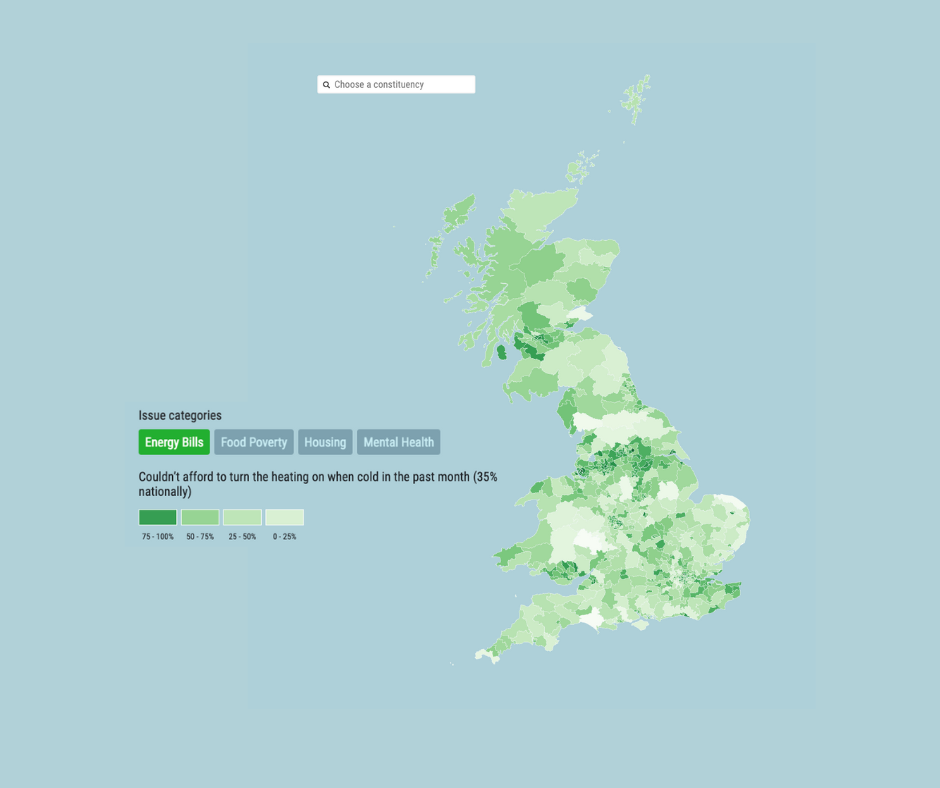 Map of UK highlighted in shades of green to illustrate cost of living impact, including food poverty, mental health, housing, and energy bills