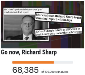 Headlines about BBC chairman Richard Sharp alongside an image of his face, the phrase "go now, Richard Sharp" and a bar showing that 68,385 people signed a petition with that title