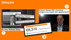 Against an orange background, step 1, a headline about Richard Sharp facing a damning report, step 2 69,374 people sign a petition, step 3 a headline shows he has resigned