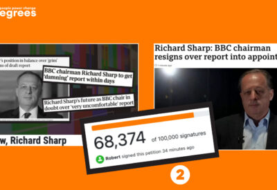 Against an orange background, step 1, a headline about Richard Sharp facing a damning report, step 2 69,374 people sign a petition, step 3 a headline shows he has resigned