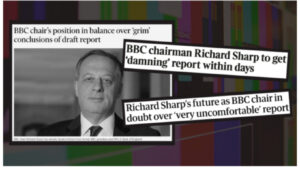 A black and white image of BBC boss Richard Sharp alongside headlines about investigations into him