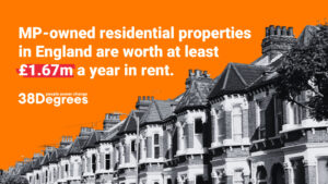 An image of homes in greyscale against an orange backgroud with text saying "MP-owned residential properties in England are worth at least £1.67m a year in rent"