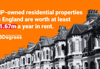 An image of homes in greyscale against an orange backgroud with text saying "MP-owned residential properties in England are worth at least £1.67m a year in rent"