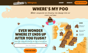 Screenshot from a website called wheres my poo . com which shows poo emojis across a map of England and Wales