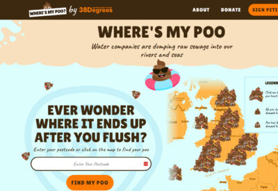 Screenshot from a website called wheres my poo . com which shows poo emojis across a map of England and Wales