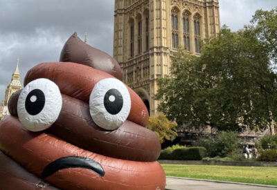 A giant inflatable poo emoji in the green by Houses of Partliament.