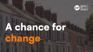 Image of a row of houses with the text 'a chance for change' set over them