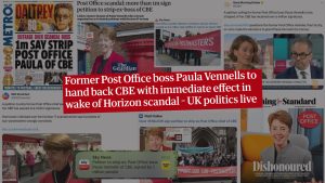 A series of newspaper headlines covered by a title saying that Paula Vennells has vowed to hand back her CBE