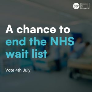 Photo of hospital with quote "A chance to end the NHS wait list" on top