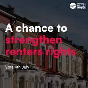 Photo of houses with the quote "A chance to strengthen renters rights" on top