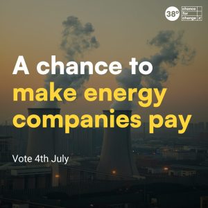 Photo with quote "A chance to make energy companies pay" on top