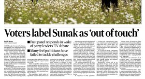 The front page of a newspaper, with a headline reading "voters label Sunak as 'out of touch'"