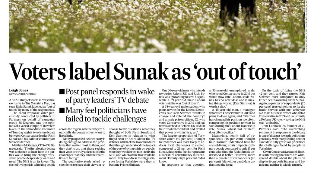 The front page of a newspaper, with a headline reading "voters label Sunak as 'out of touch'"